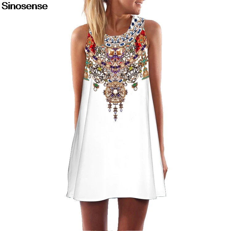 

New Summer Boho Short Mini Dress Women Jewelry Printed Vintage Beach Party Dresses 2019 O Neck Sleeveless Sexy Dress Vestidos