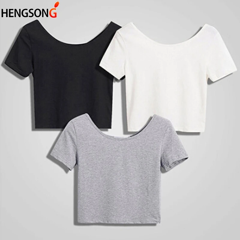 

2019 Summer Women T-shirts Short White Tees Tops Casual O Neck Crop Tops Short Sleeve Bare Midriff Bottom T-Shirts Female