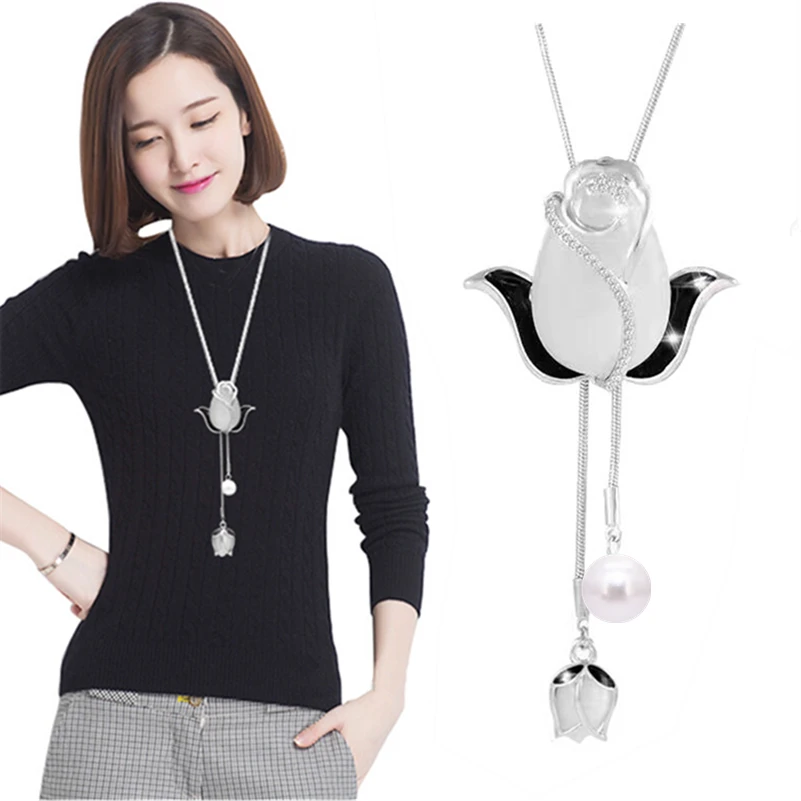 

Luxury Opal tulip Necklaces & Pendants Fashion Long Statement Pearl pendant Necklace Women Sweater Necklace Jewellery Bijoux