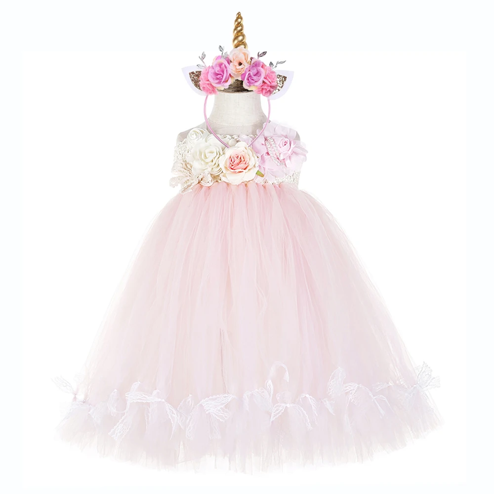 Cute Flower Girls Wedding Unicorn Baby Clothes Teenage Sleeveless Lol Dress for Girl Pink Tulle Lace Bowknot Tutu Dress Vestido (1)