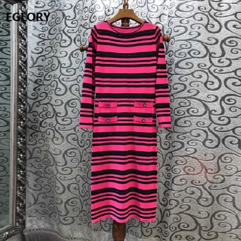 

High Quality New 2019 Autumn Winter Long Sweater Dress Women Striped Patterns Long Sleeve Casual Knitted Dress Rose Red Green