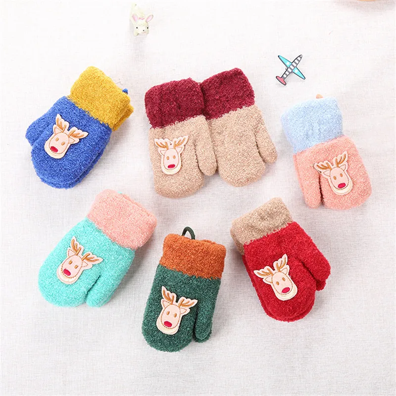 Winter Baby Boy Girl Gloves Cotton Kids Full Finger Cute Cartoon Knitting Winter Solid Gloves Thicken Warm Infant Baby  (2)