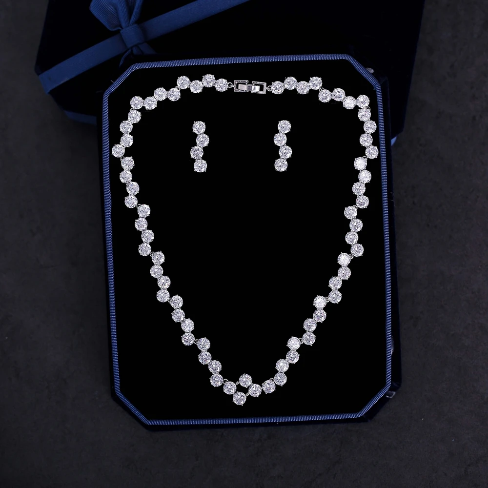 

AAA Clear Round Cut Zircon Necklace Choker Wedding Bride Jewelry Sets Cubic Zirconia Women Party Drop Earrings Parure Gifts New
