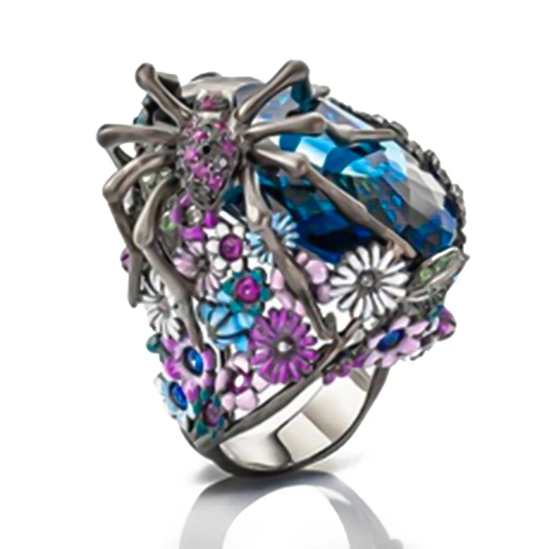 

Personality Antique Color Spider Rings For Women Blue Zircon Ring Colorful Flower Ring Halloween Party Punk Jewelry Gifts