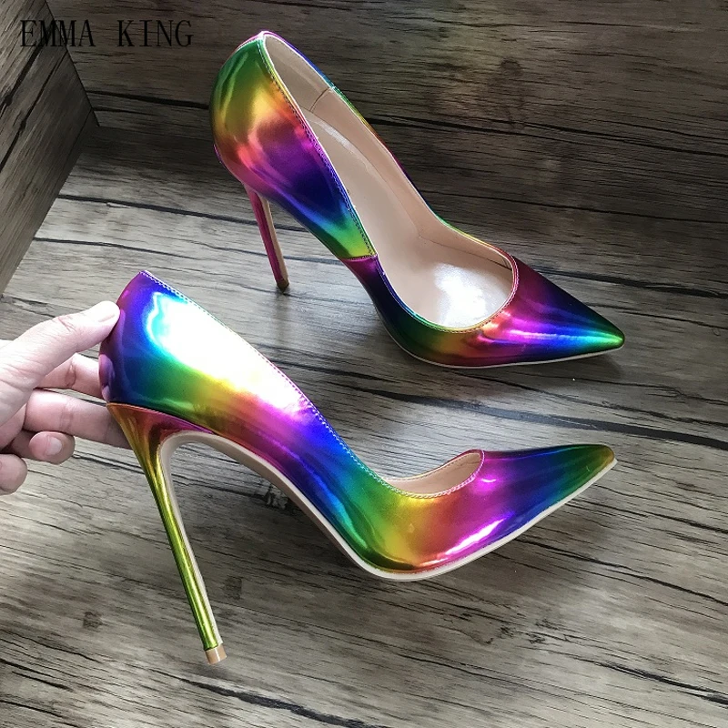 

Sexy Ladies Pumps Slip on Women High Heels Gradient Rainbow Color Pointed Toe Shiny Leather Stiletto Heels Party Summer Shoes