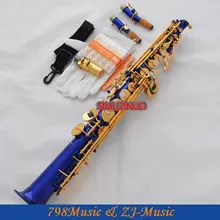 Синий Золотой прямой Bb сопрано саксофон Sax High F# G с чехлом-2 шеи