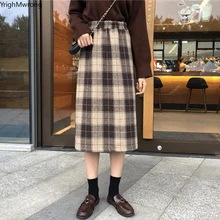 Уличная мода с эластичной резинкой на талии; корейский стиль; сезон зима-осень; твидовый в клетку; Шерстяная Юбка До Колена; винтажные пикантные тонкие элегантные юбки