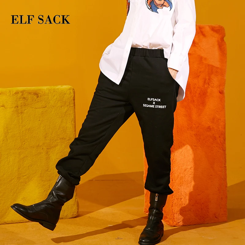 

ELF SACK Autumn New Woman Pants European Style Cotton Casual Women Full Length Trousers Print Mid Femme Straight Print Pants