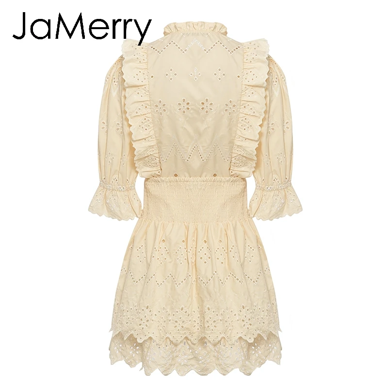 JaMerry Elegant embroidery lace blouse women Summer short sleeve ruffle hollow out tops Fashion ladies solid blouses and tops