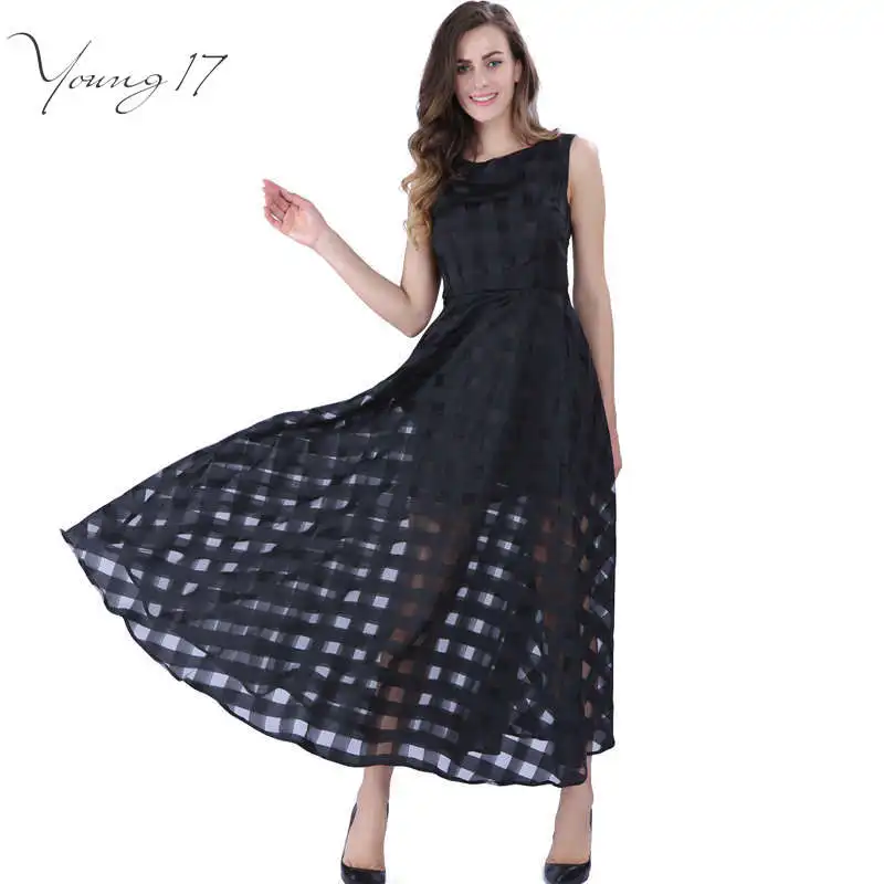 Buy Cheap Young17 16 Maxi Summer Plaid Women Dress New Long Organza day Dress Vestidos De Festa Satin Fashion style black women dresses