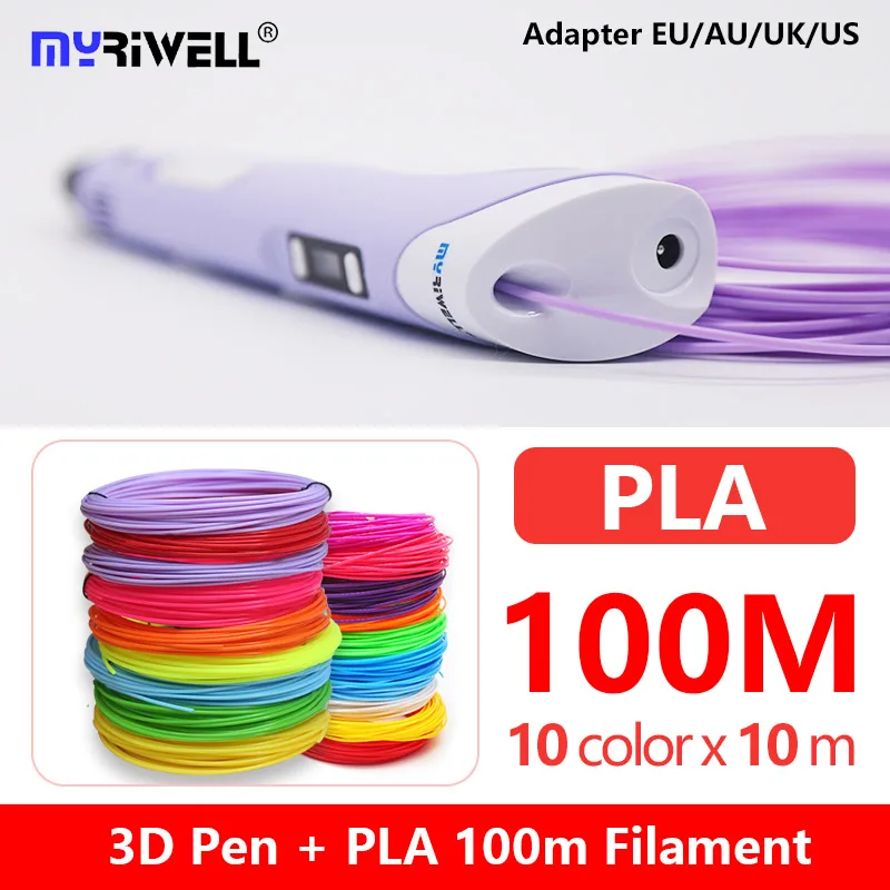Myriwell RP-100B 3d Ручка с светодиодный дисплей pla 1,75 мм abs нити 3d ручка 3 d ручка с 100 м abs для детей подарок на день рождения - Цвет: purple PLA100m