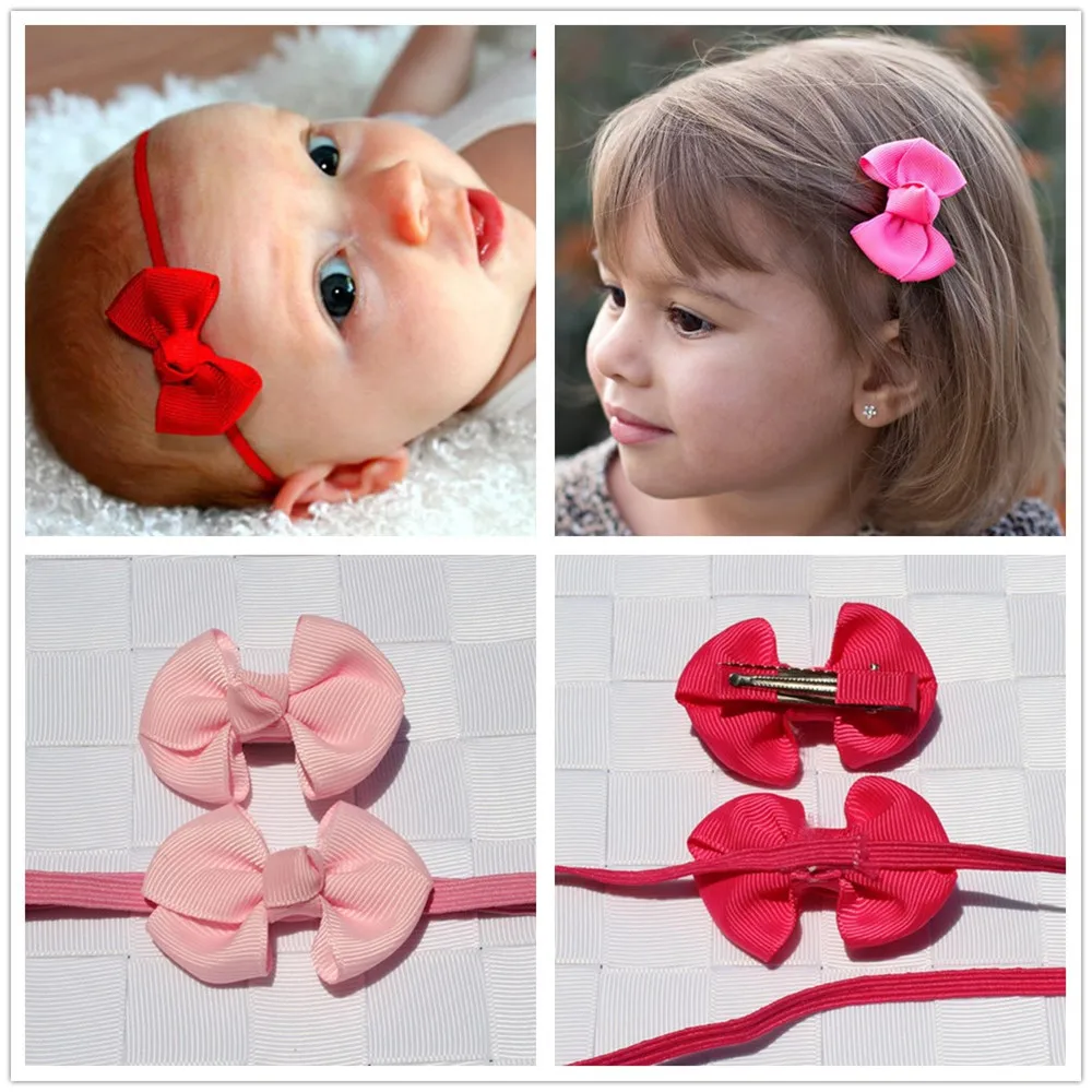 2pcs/ set elastic hair bands ribbon bows clip kids girls headwear