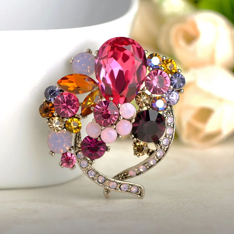 Blucome Full Rhinestone Flower Shape Brooches For Women Girls Gifts Colorful Crystal Alloy Brooch Pins Dress Clothes Scarf Clips