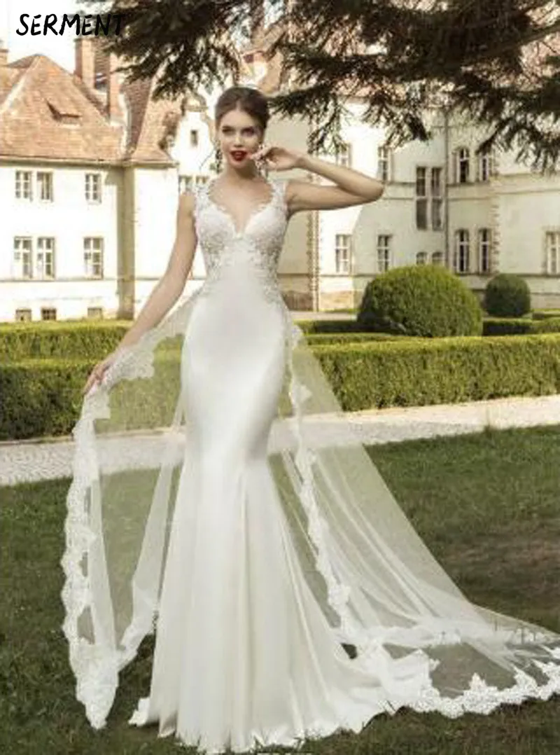 

Wedding Dress 2018 New Sexy Deep V Foreign Trade Wedding Dress Two Detachable Fishtail Slim Slimming Wedding Dress
