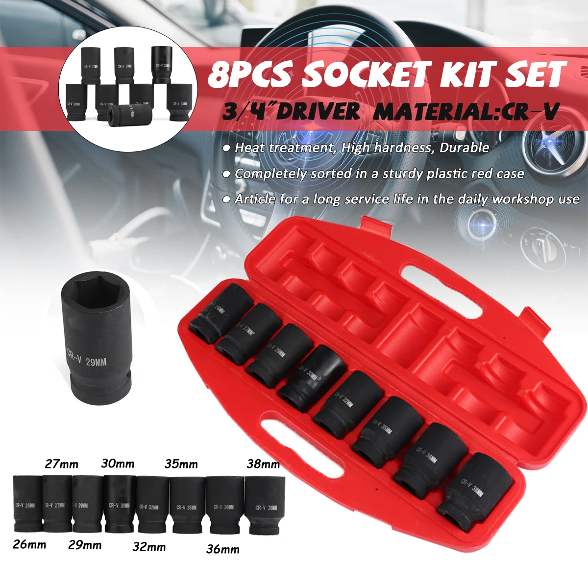 

8pc 3/4" Dr. Impact Deep Socket Set Metric 26-38mm CRV Garage Mechanic Car Wash Maintenance Engine Care