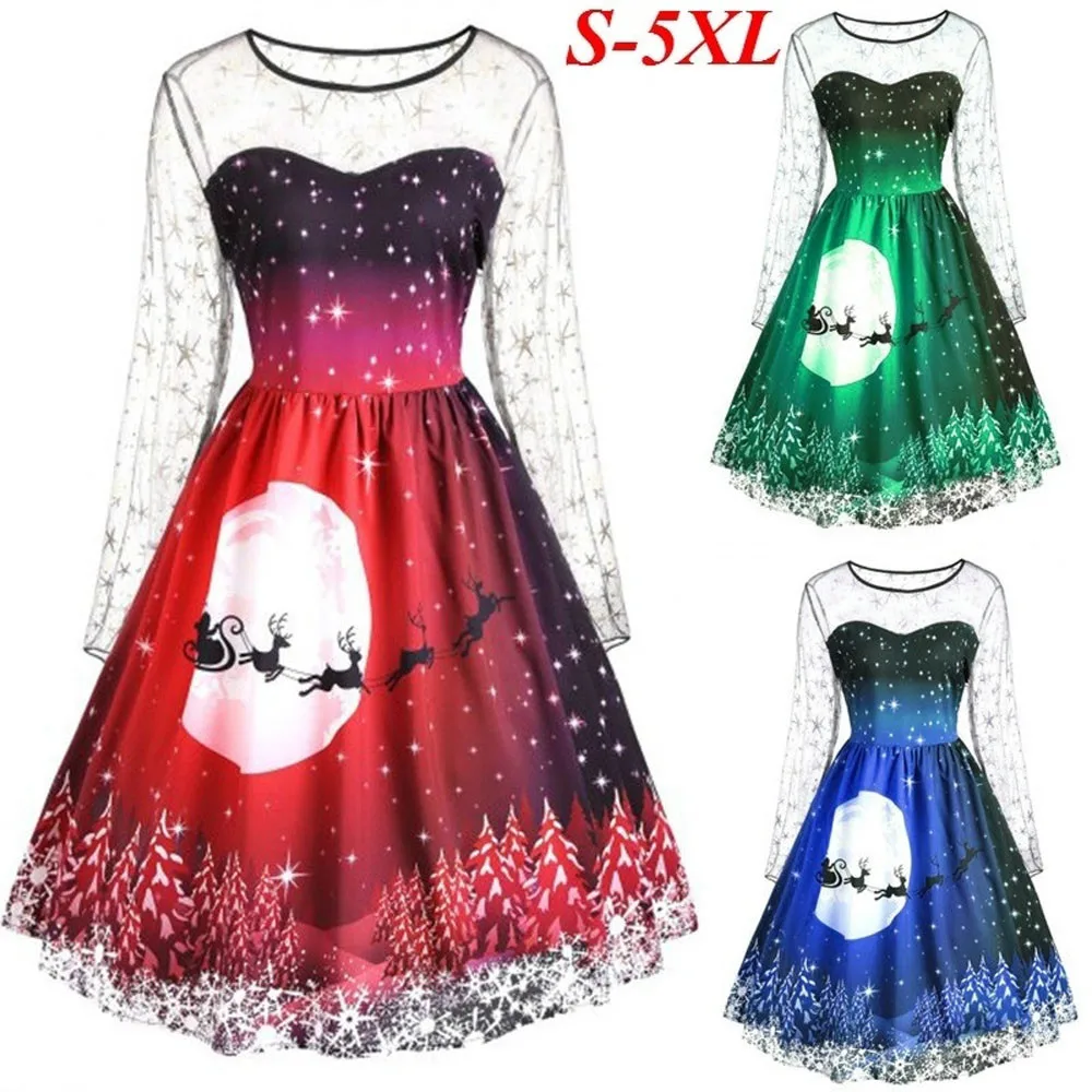 

Fashion Women Vintage Merry Christmas Print Long Sleeve Mesh Evening Party Dress adult long party dress vestidos largos #8