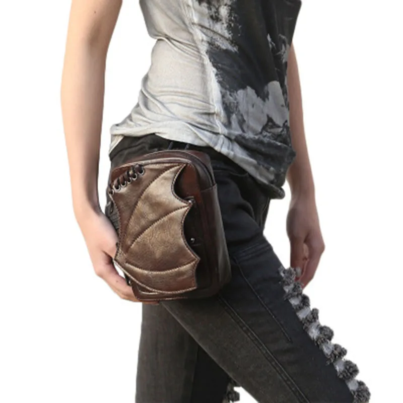 

Gothic Steampunk Handbags Leather Waist Bag Women Bat wing Design Leg Bag Brown Waist Packs Punk Retro Crossbody Shoulder Bag