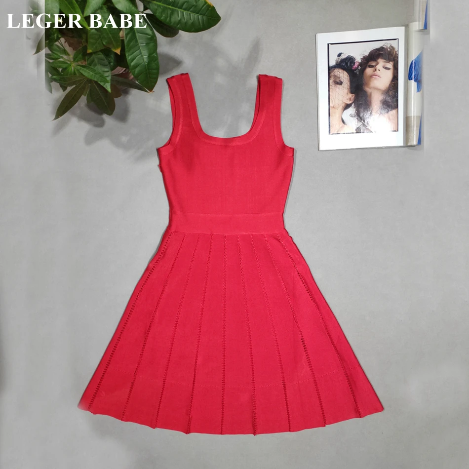

LEGER BABE Red Sleeveless A-Line Pleated Rayon Bandage Dress Women Vestidos High Quality Hollow Out Cocktail Party Dress