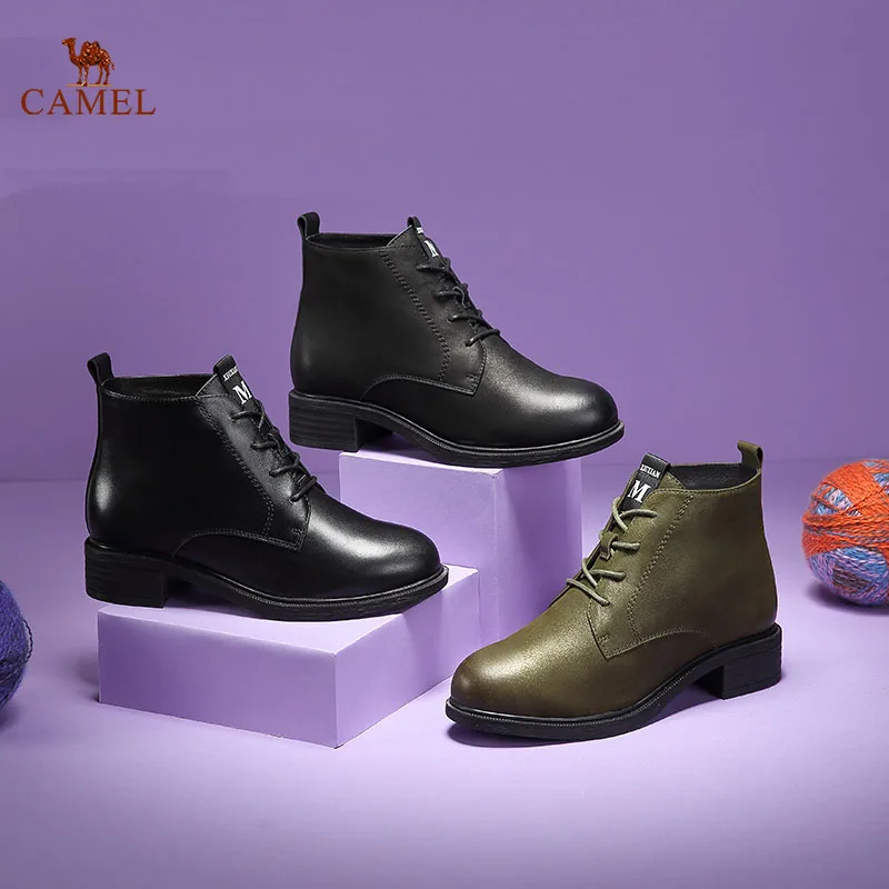 

CAMEL Women Leather Martin Boots 2018 Winter Fashion simple Shoes Plus velvet Medium Heel Booties For Ladies