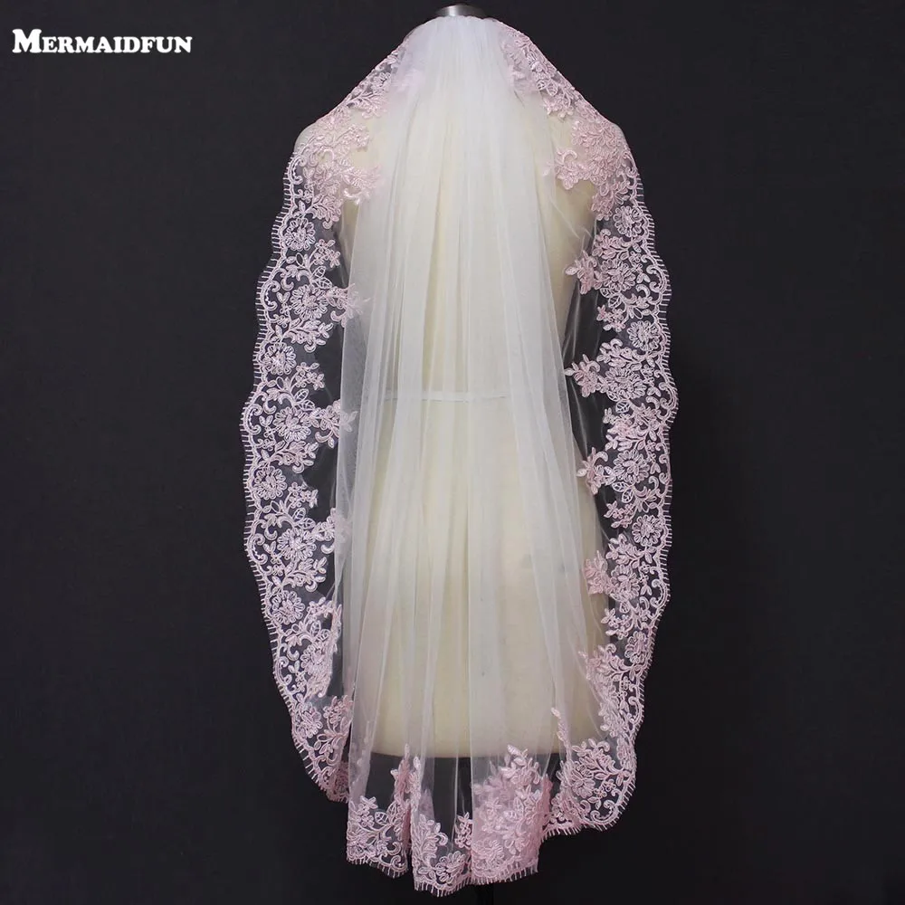 

Real Images Short Pink Lace White Ivory Tulle Bridal Veil with Comb One Layer Elegant Wedding Veil Velo Novia