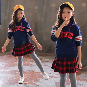 

Girls Clothing Set 4-12 Y Autumn Hooded Letters Hoodies 2 PCS Set (Hoodie+ Pantskirt) Fashion Plaid Spring Hoodies Dresses Suits