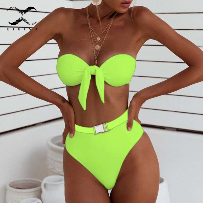 Бикини с неоновой пряжкой Bikinx женский купальный костюм высокой талией пуш ап