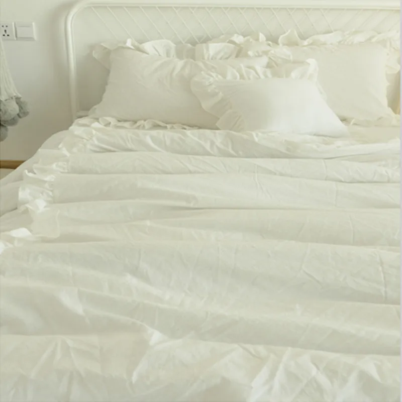 Best Free shipping 100%washed cotton princess ruffles solid color bedding twin full queen king size duvet cover set without filler