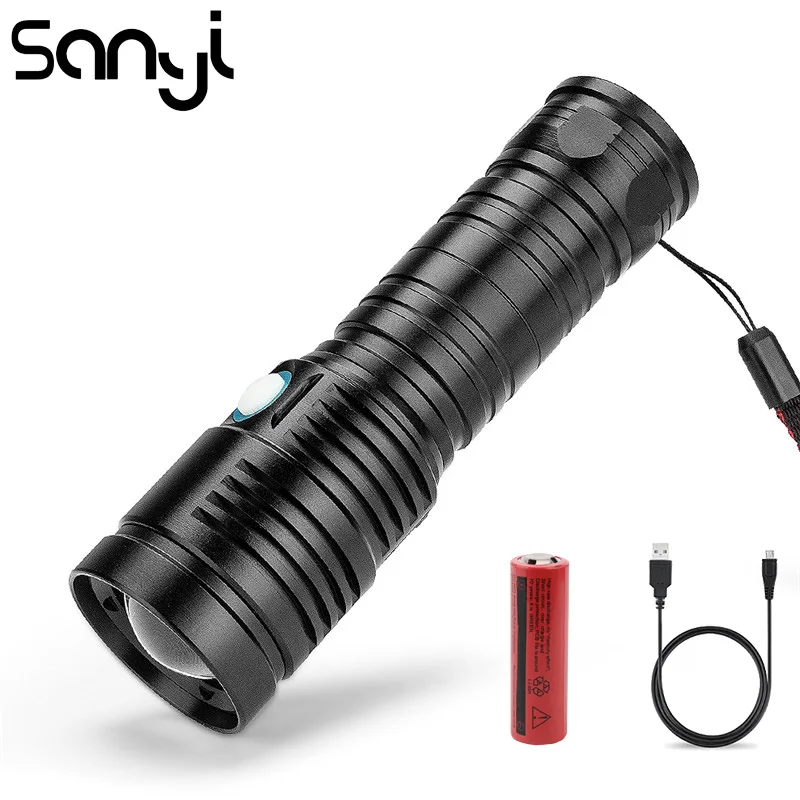 SANYI 4 режима фонарик супер яркий USB Перезаряжаемый 26650 аккумулятор портативный
