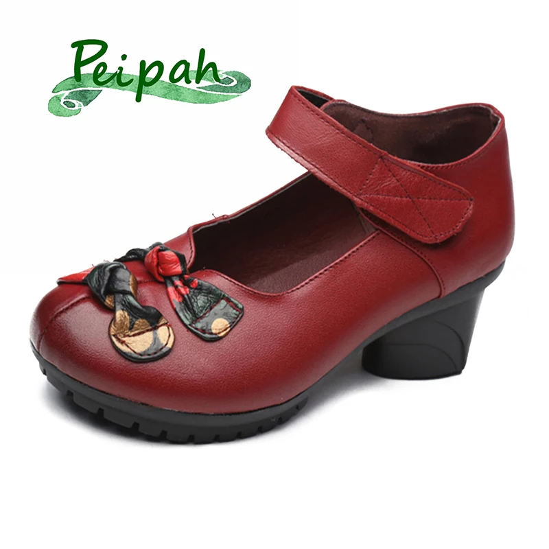 

PEIPAH Women Pumps Genuine Leather Spring Autumn Mary Jane High Heels Shoes Women Vintage Hook & Loop Leather Platform Shoes