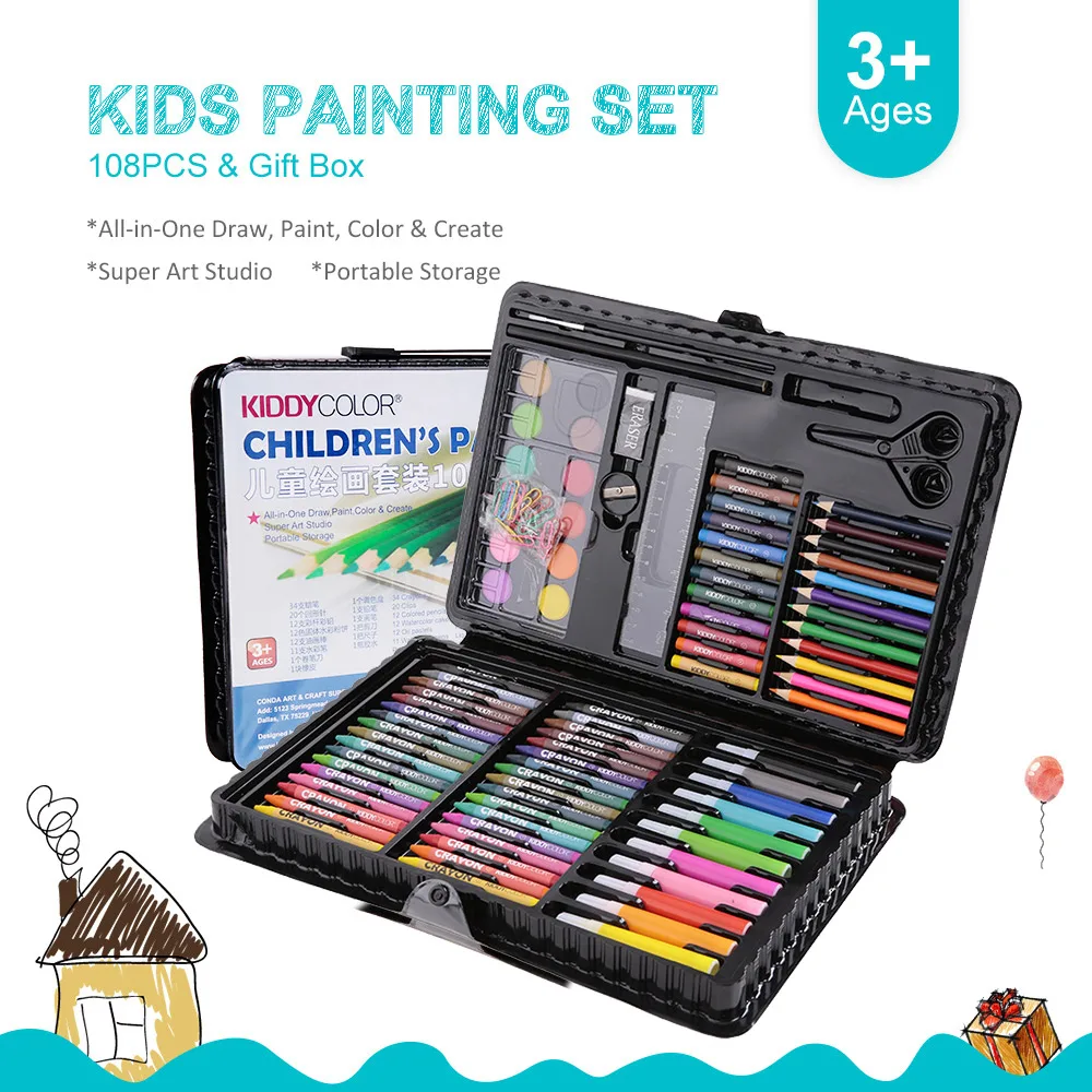 108pc en bois art case Crayons Peinture Set enfants adultes 