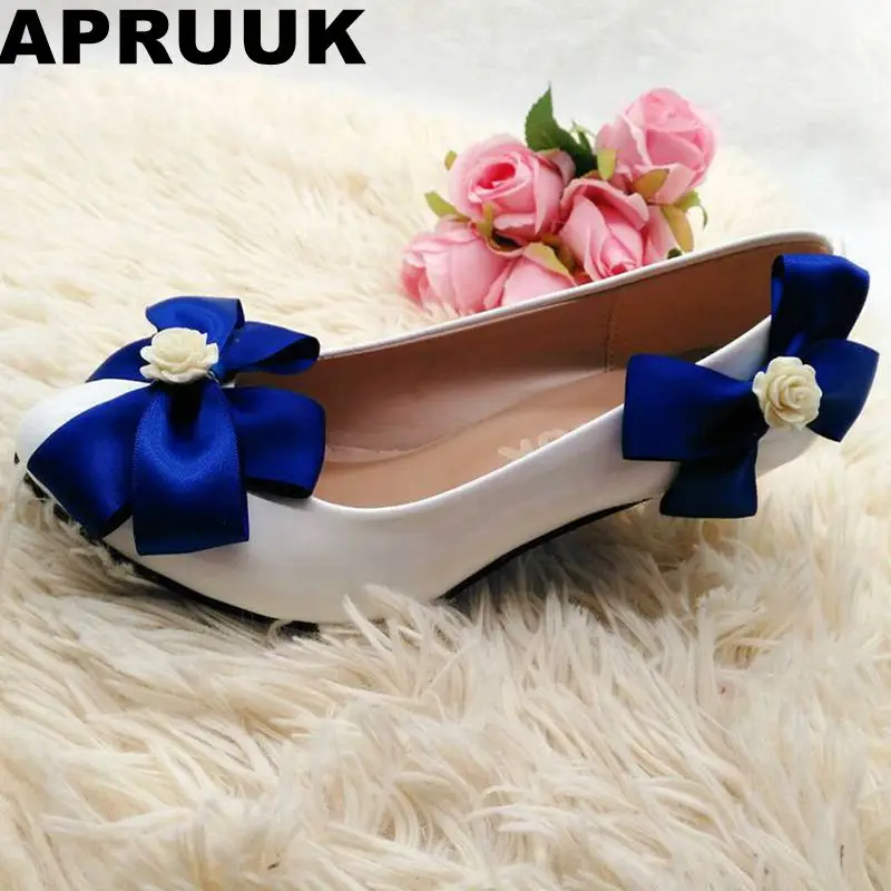 Blue Satin Bowtie Wedding Shoes Bride Handmade Plus Sizes Low High