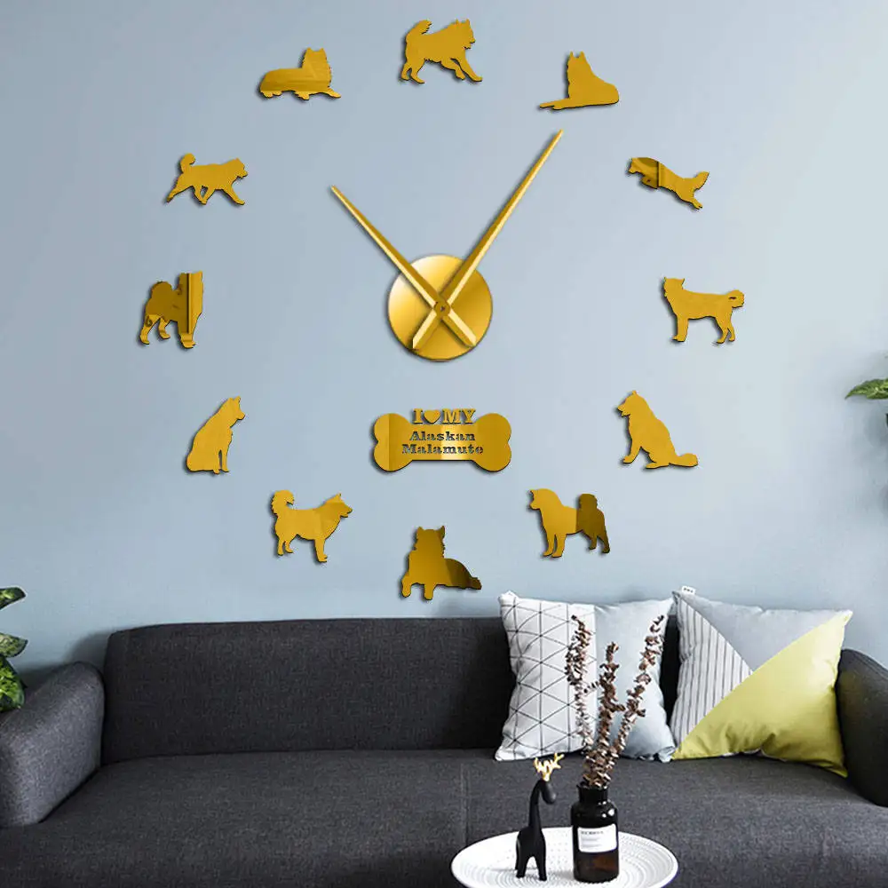 

Alaskan Malamute Dog Breed Wall Hanging DIY Wall Clock Housewarming Gift Quartz Acrylic Mirror Sticker Animal Pets Clock Watch