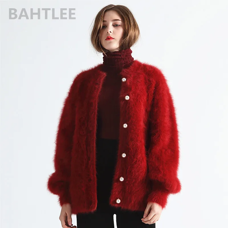 

BAHTLEE winter women's angora cardigans sweater wool knitted mink cashmere o-neck pearl button pocket thick keep warm