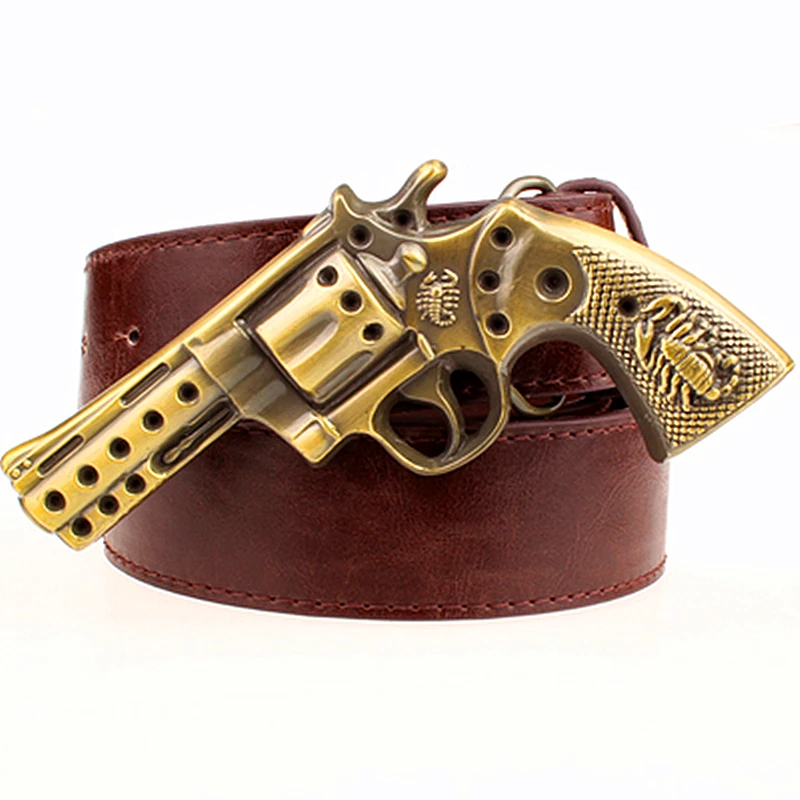 Cool men's leather belt metal Pistol shaped belt fancy golden revolver