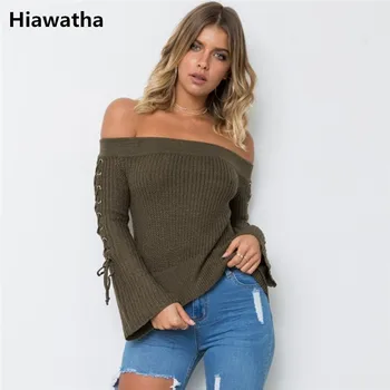 

Hiawatha Pull Femme Sexy Lace Up Winter Knitted Sweater Women Off The Shoulder Pullover Autumn Flare Sleeve Jumper AW074