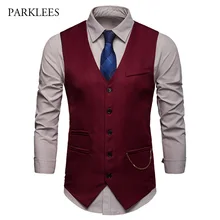 Chaleco Gilet Chic con cadena de oro, traje Vintage para hombre, 2019, Hipster, de un solo pecho, para boda, rojo, para hombre, chaleco de negocios, chaleco casual para hombre