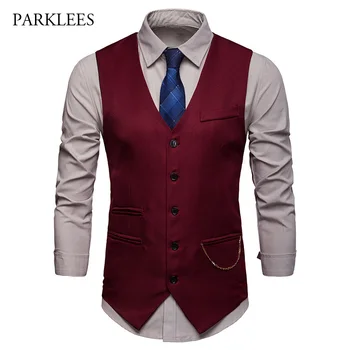 

Gilet Chic Gold Chain Vintage Suit Vest Men 2019 Hipster Single Breasted Wedding Red Mens Dress Vest Business Casual Gilet Homme