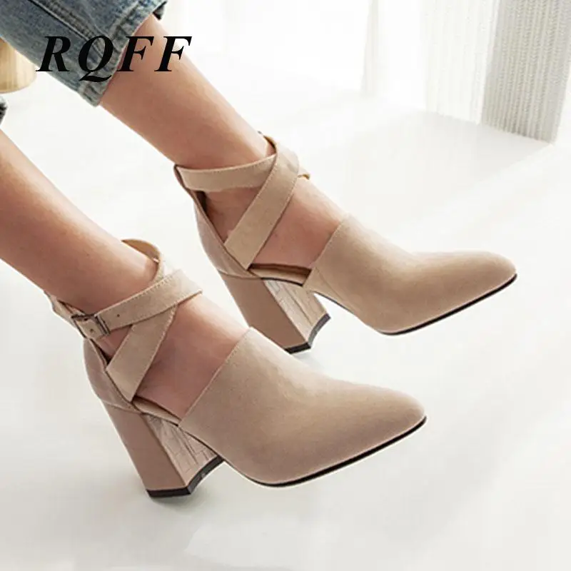 

RQFF Mules Summer Shoes Women Sandals Handmade Plus Size Flock Ankle-wrap Dress Buckle Strap Square Heel Black Beige With Slides