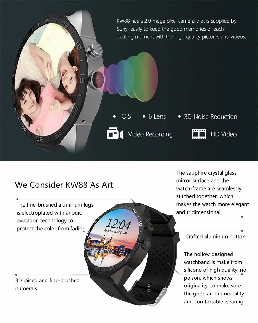 100% Original KW88 Android 5.1 OS Smart Watch Android 1.39 inch MTK6580 SmartWatch phone support 3G wifi nano SIM WCDMA