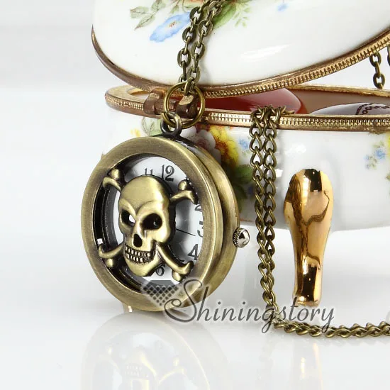 

Brass bronze copper antique style skull pocket watch pendant long chain necklaces for men and women pendants necklaces