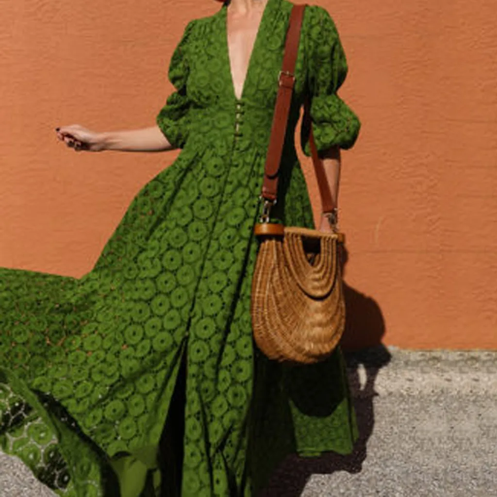 Sexy Women's V Neck Half Sleeved Party Dress Boho Floral Sundress Medium Waist Patchwork Sexy Long Swing Autumn Long Dress#g3