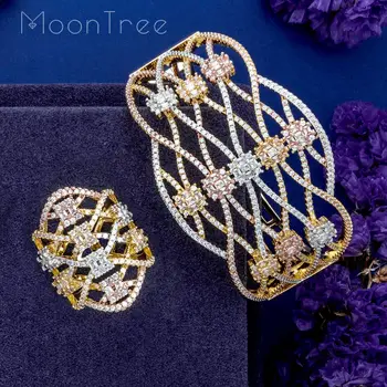 

MoonTree Luxury Line Full Cubic Zirconia 3Tone Color Copper Party Engagement Baguette Bracelet Bangle Ring Fashion Jewelry set