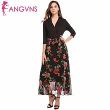 ANGVNS Chiffon Dress Women Bohemian Deep V-Neck Wrap Front 3/4 Sleeve Patchwork Belted Print Dress Autumn Beach Boho Maxi Dress