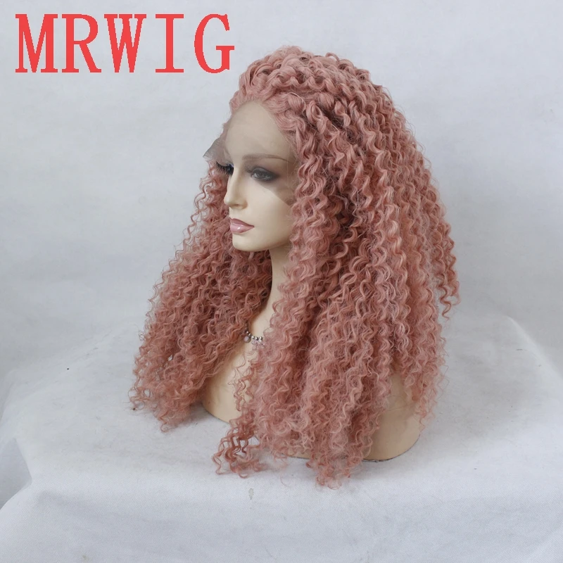 MRWIG Real Hair Looking Dark Pink Long Afro Kinky Curly Synthetic Lace Front Middle Part Afro Natural Wigs for Women