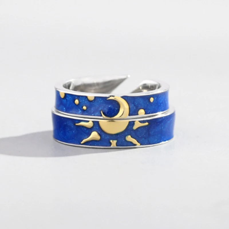 Qevila Real 925 Sterling Silver Rings Moon and Sun lover Ring for Women Couple Engagement Unique Ring Jewelry Gifts Female Boho  (8)