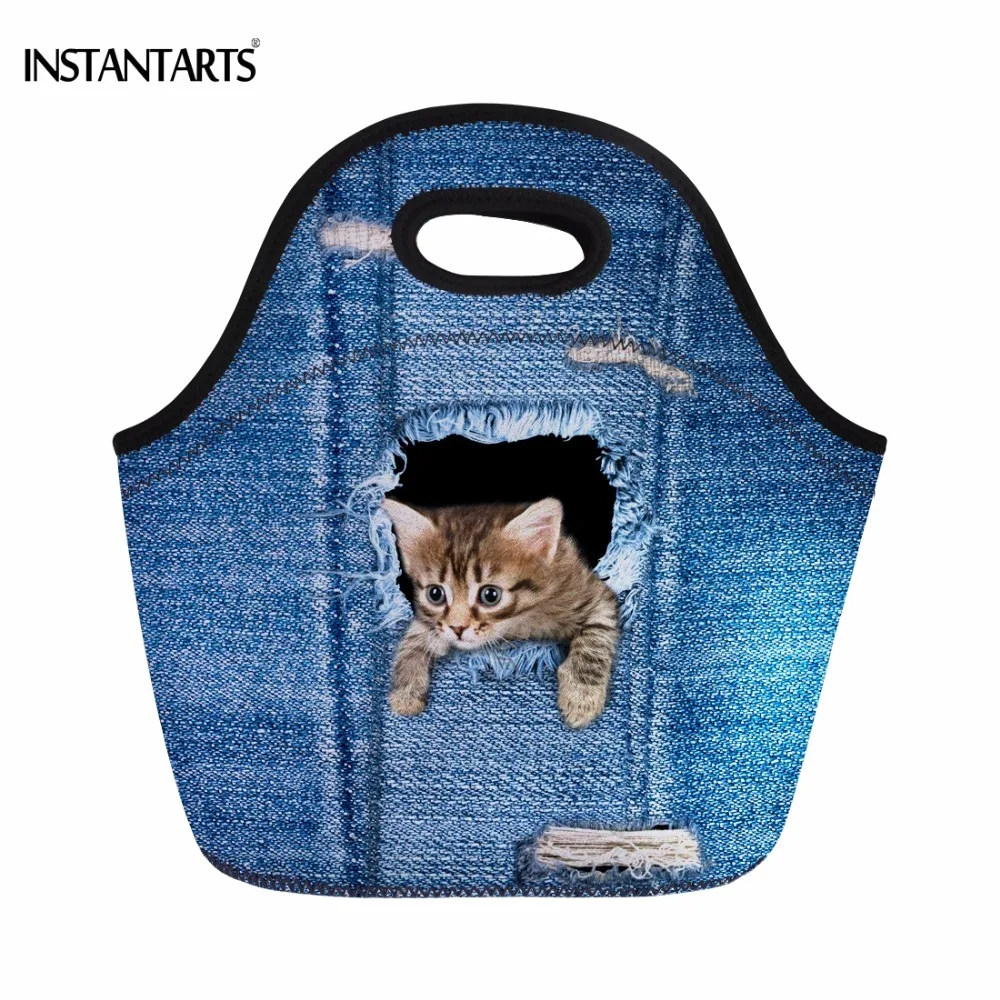 

INSTANTARTS Cute Fake Denim Pocket Cat Print Lunch Bag Coffee Dessert Office Pounch Neoprene Lunchbag Thermal Insulated Meal Bag