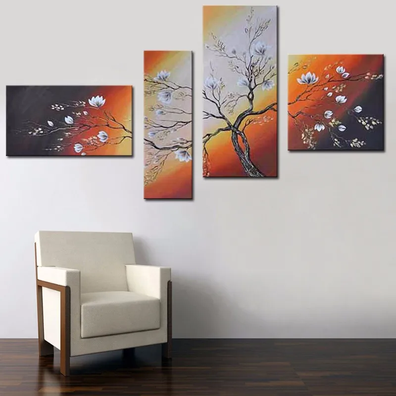 

Handmade Acrylic Floral Paintings on Canvas Home Decor Wall Art 4 Panel Pictures Handpainted Abstract Flowers Oil Painting Large