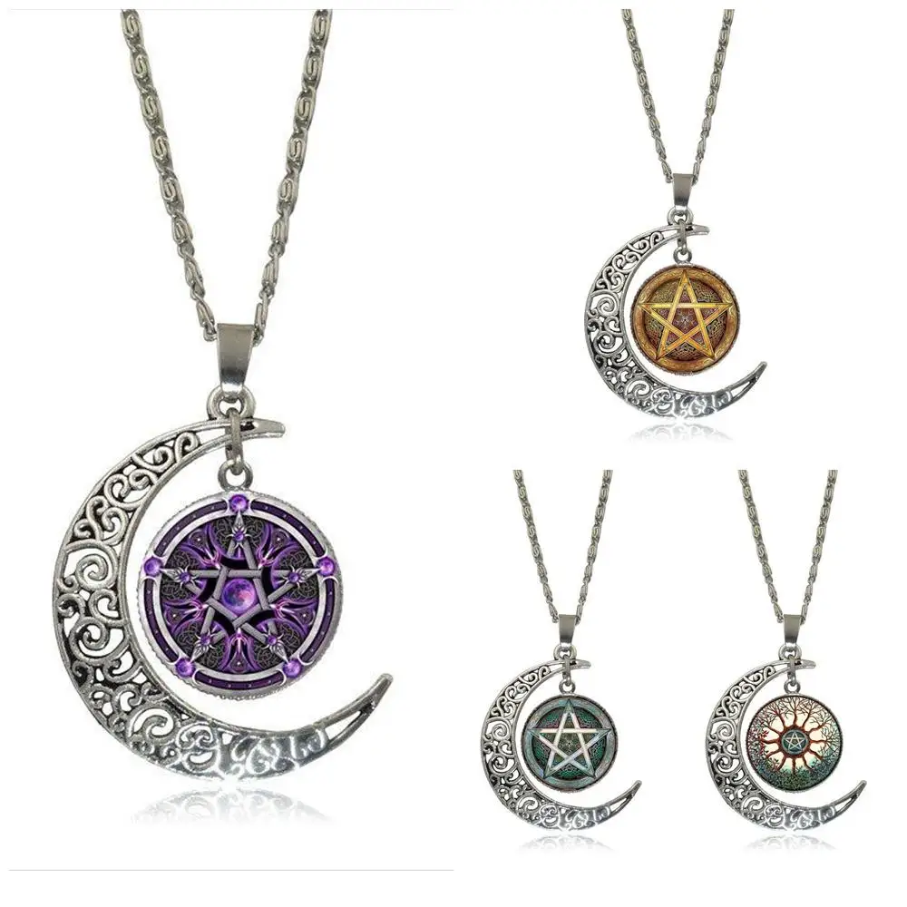 

EJ Glaze Pentagram Satanic Pentagram Star Symbols Glass Cabochon Pendant Necklace Fashion Necklace For Men Women