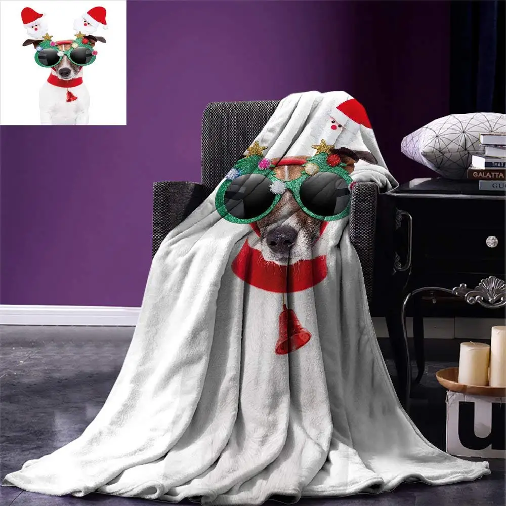 

Christmas Throw Blanket Funny Puppy Jack Russel Dog with Hilarious Sunglasses Santa Figures and Bell Warm Fleece Blanket for Bed