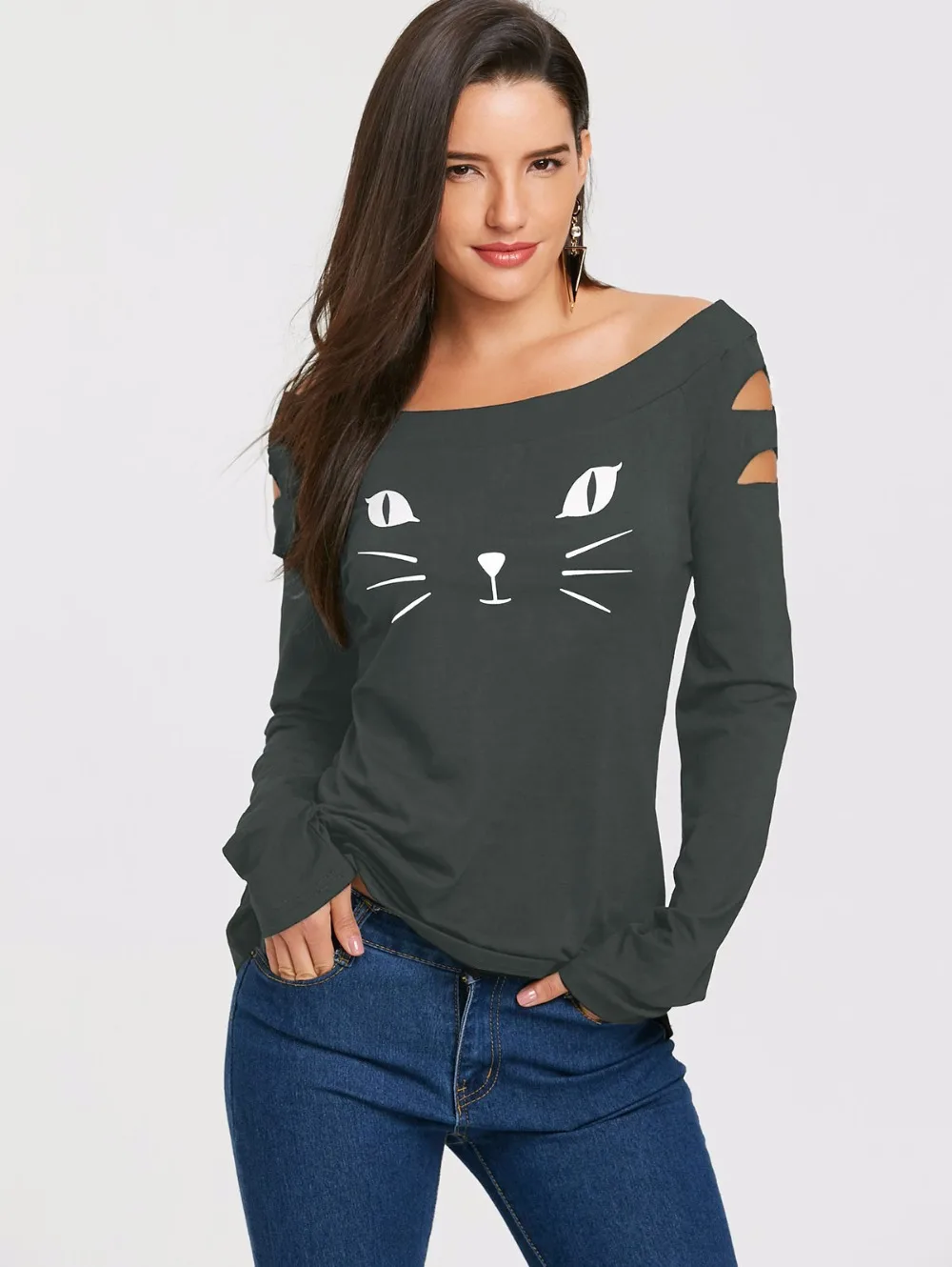 VESTLINDA Women T Shirts Casual Autumn Cat Clothes Womens Tops Cat Face Print Long Sleeve Ripped T-Shirt Women's Clothing Tshirt 17